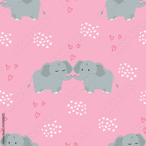 Elephants in love seamless pattern. Pink background for Valentines day. Vector illustration