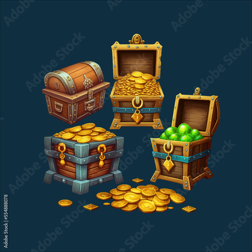 Chests with treasure, empty and full wooden box with golden coins Isolated on background. Cartoon flat vector illustration
