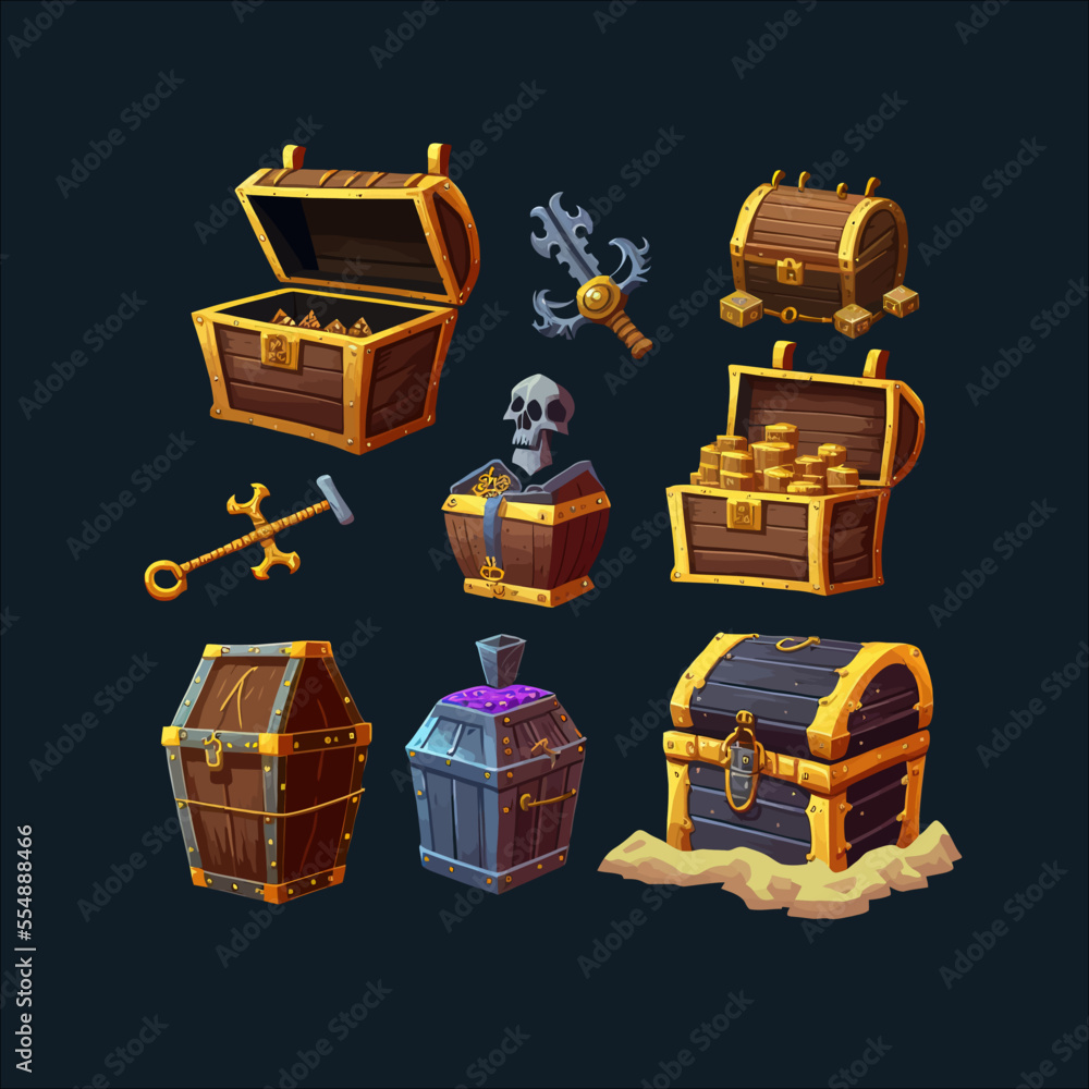 Game reward rare treasure chests Isolated on background. Cartoon flat vector illustration - obrazy, fototapety, plakaty 