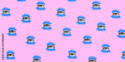 Contemporary art collage. Conceptual image. Human eye over pink background. Attention, warning, influence and opinion