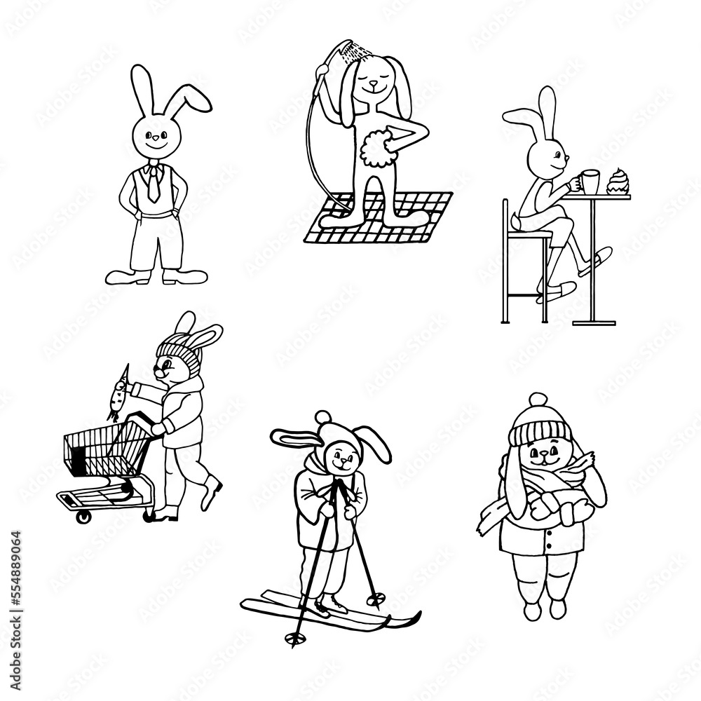 Daily routine with illustrations of a hare. Vector set of funny rabbit images.