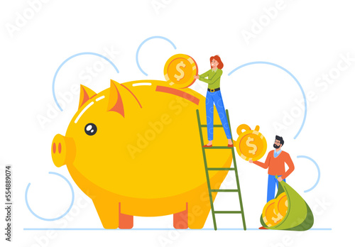 Tiny Man and Woman Characters Standing on Ladder Throw Golden Coins into Huge Piggy Bank. Concept of Money Deposit