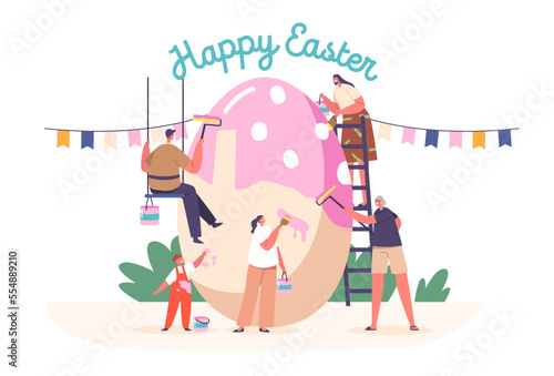 Happy Family Prepare for Easter Celebration. Tiny Parents, Granny and Children Girl and Boy Painting Huge Egg