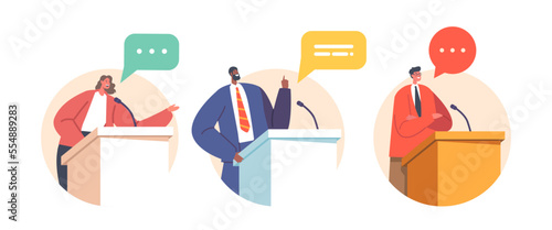 Political Candidates Speaking Behind the Desks during Debate Isolated Round Icons or Avatars Vector Illustration