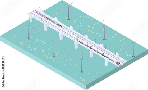 isometric scene of modern electric high speed train with Wind turbines generating electricity in the river ocean