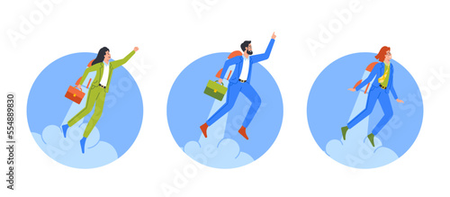 Business Men and Women Characters Flying Off with Jet Pack and Rocket Launch Startup Project Isolated Round Icons