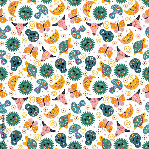 Fotografi Seamless mexican folk elements pattern, Mexican folk motifs background, Traditio