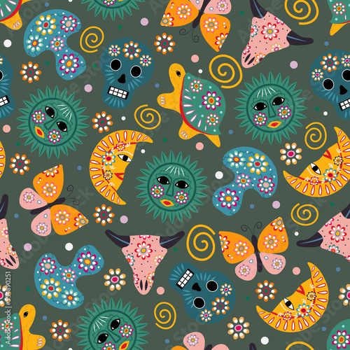 Canvas Print Seamless mexican folk elements pattern, Mexican folk motifs background, Traditio