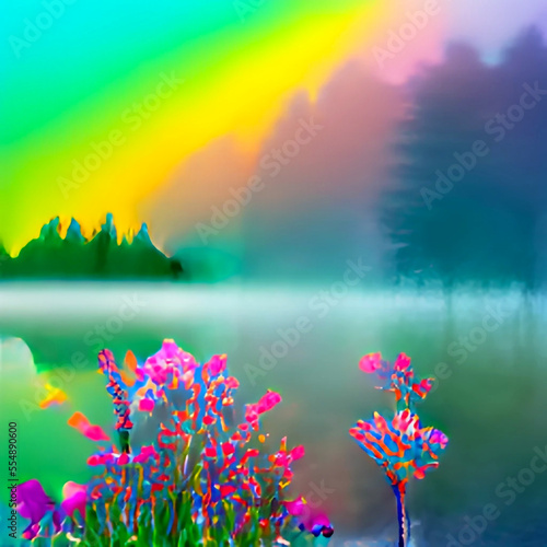 Rainbow color forest with lake  fantasy location - Generative AI - Abstract Illustration