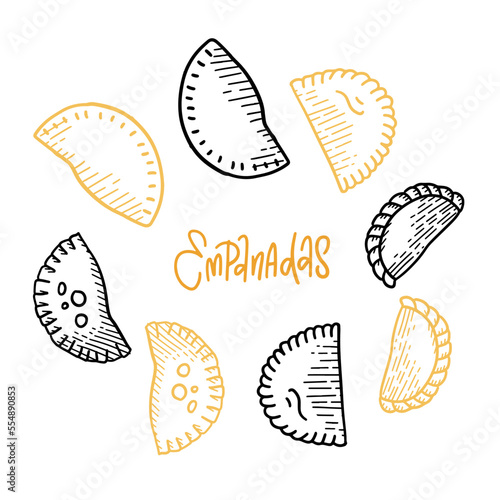 Empanada linear icons set. Outline simple vector of Latin American fried patty or cheburek. Contour isolated different elements on white background © LanaSham