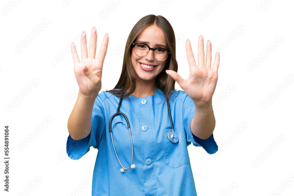 Young nurse caucasian woman over isolated background counting nine with fingers Young nurse caucasian woman over isolated background counting nine with fingers