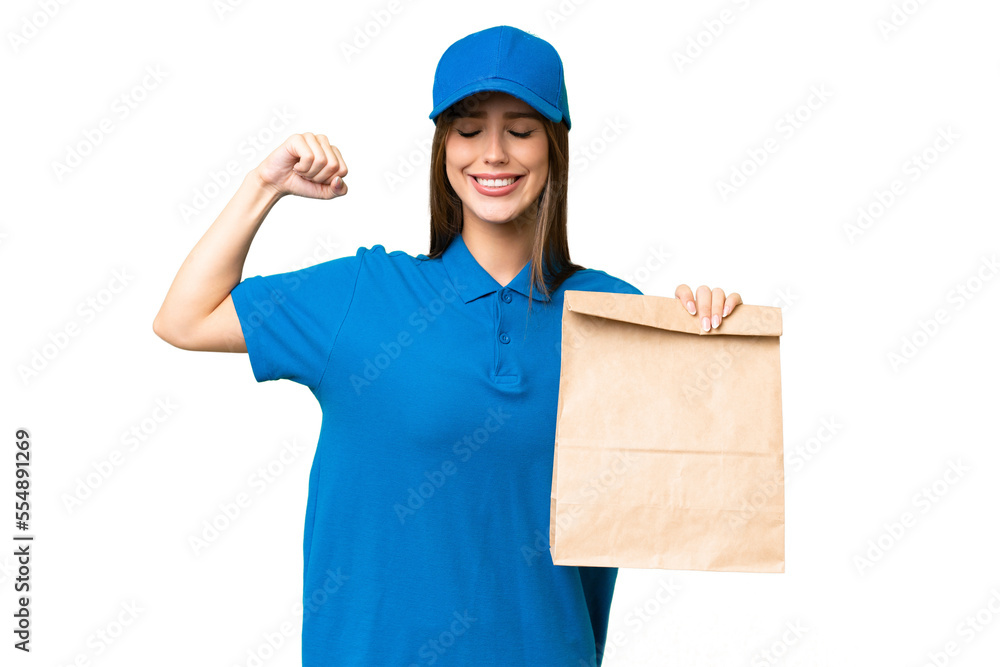 Young beautiful caucasian woman taking a bag of takeaway food over isolated background doing strong gesture Young beautiful caucasian woman taking a bag of takeaway food over isolated background doing strong gesture