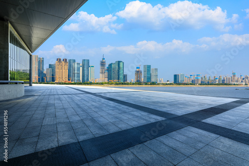 Empty floor and modern city skyline with modern building in Hangzhou, Zhejiang Province, China. 