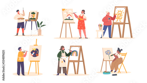 Set Children Painting On Easel. Little Boys And Girls Characters Drawing In Artist Studio Or Art School Create Pictures