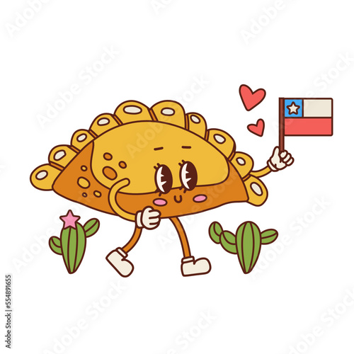 Empanada retro cartoon character with Chile flag. Cute Latin American food mascot. Contour ector illustration isolated on white.