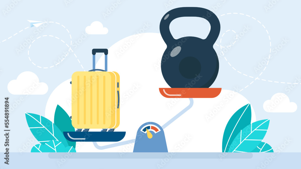 Baggage excess. Luggage and kettlebell are weighed on scales. A device