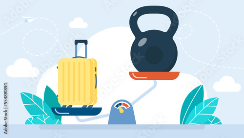 Baggage excess. Luggage and kettlebell are weighed on scales. A device for measuring weight. Control of weight restrictions. Baggage scales on the white background. Flat design. Vector illustration