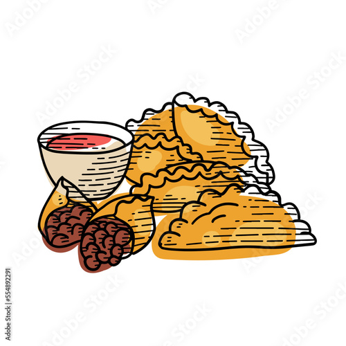 Hand drawn sketch style empanada. Side view on pile of empanadas with sauce. Typical Latin American and Spanish fast food. Vector engraved outline illustration isolated on white background for menu.