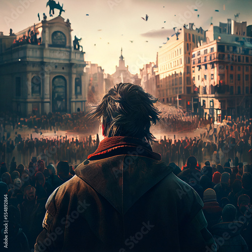 A man, stands in front of the crowd moments before starting a revolution with the City in the background.