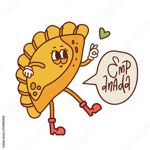 Cute retro cartoon empanada mascot character. Vintage Mascot with gloved hands and legs in boots. Contour vector illustration of food from Latin America.