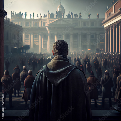 A man is standing in front of the crowd moments before starting a revolution, with the city of Rome in the background