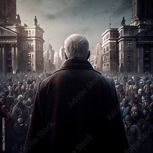 A man is standing in front of the crowd moments before starting a revolution, with the city of London in the background