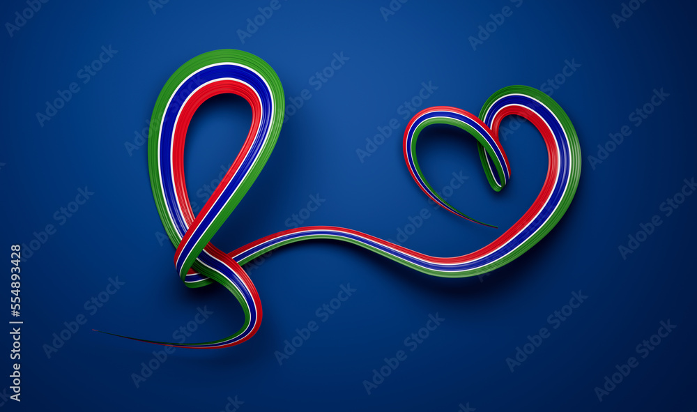 Gambian flag heart shaped ribbon. 3d illustration