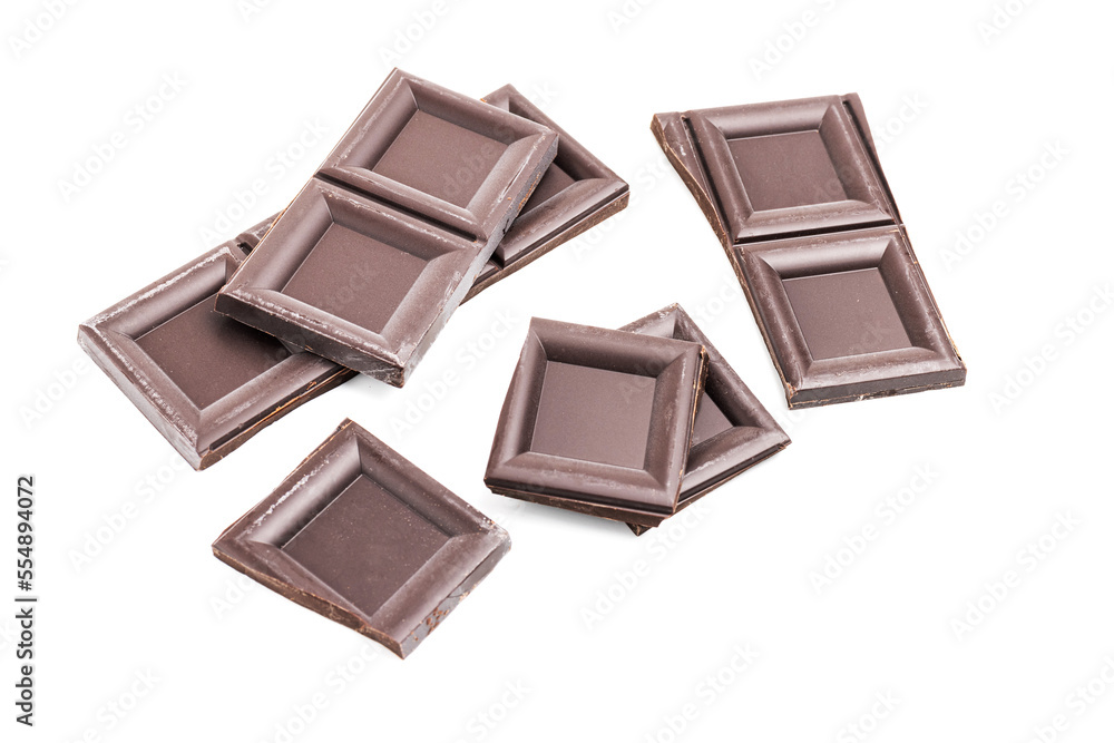 Dark chocolate pieces, cubes, broken chocolate isolated on white background Dark chocolate pieces, cubes, broken chocolate isolated on white background