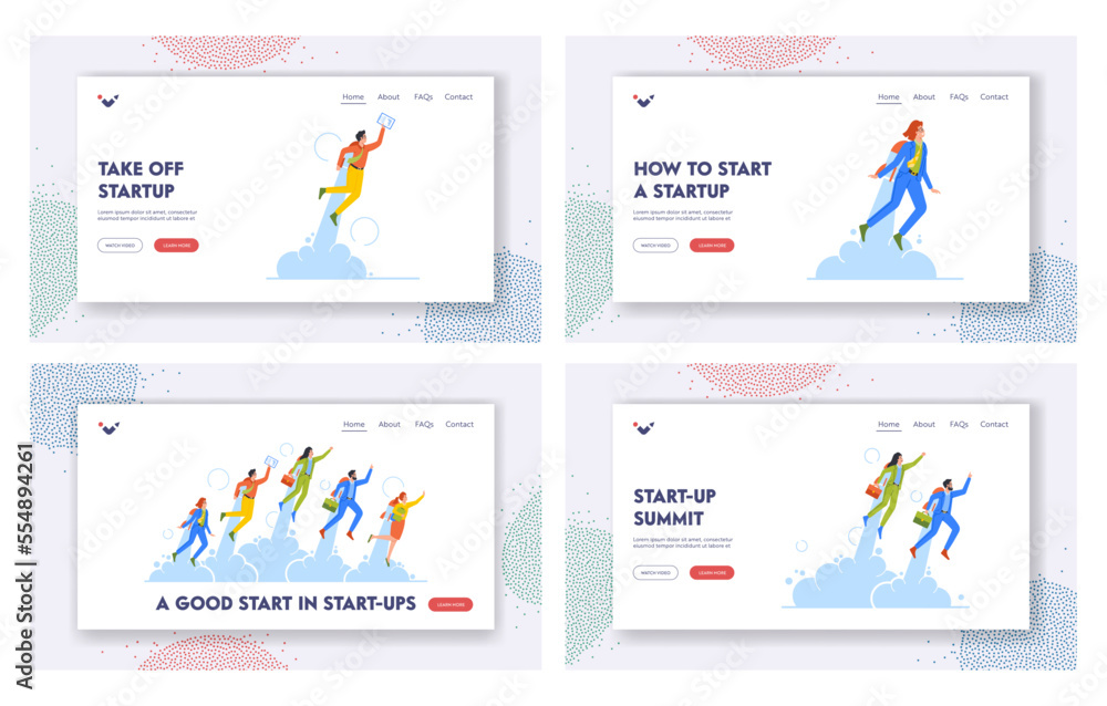 Career Boost, Start Up, Success Landing Page Template Set. Business Characters Takeoff with Jet Pack or Rocket on Back