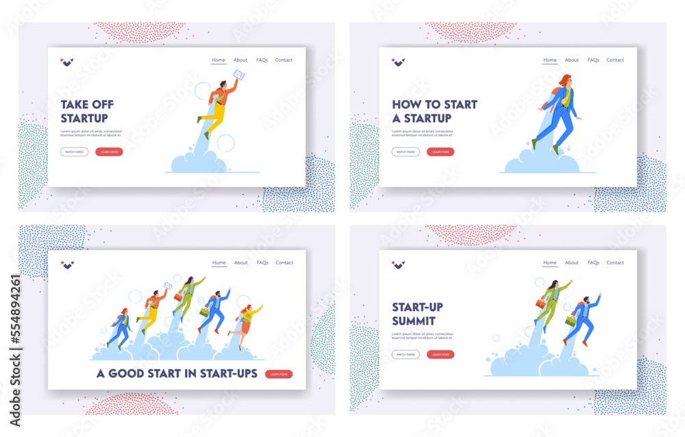 Career Boost, Start Up, Success Landing Page Template Set. Business Characters Takeoff with Jet Pack or Rocket on Back Career Boost, Start Up, Success Landing Page Template Set. Business Characters Takeoff with Jet Pack or Rocket on Back