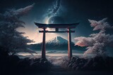 illustration of torii with Fuji mountain and milky way as background 