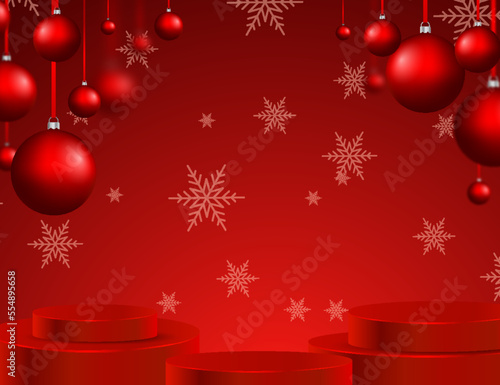 Christmas background with realistic figures, a red podium strewn with snowflakes. Red 3D pedestals to showcase goods and products. Realistic vector red Christmas illustration
