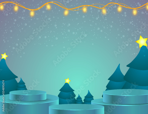 Vector illustration with 3D pedestal, Christmas glowing garlands. Christmas card with a podium, Christmas trees on a blue background. The concept of Christmas and New Year. 3D Rendending