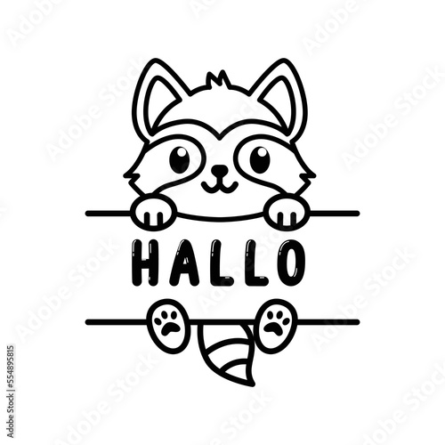 Cute racoon with hello sentence cartoon characters vector illustration. For kids coloring book. photo