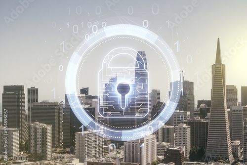 Virtual creative lock illustration with microcircuit on San Francisco cityscape background, cyber security concept. Multiexposure