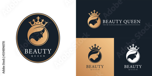 Beauty woman with queen crown gold logo with modern emblem style