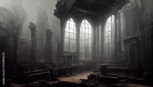 Foggy hall interior in gothic ancient chapel with tall windows and columns. Empty dark abandoned mystical place