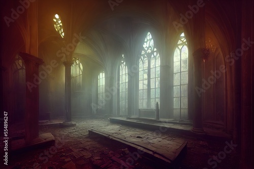 Foggy hall interior in gothic ancient chapel with tall windows and columns. Empty dark abandoned mystical place