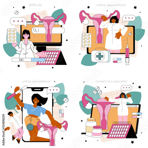 Gynecologist online service or platform set. Pregnancy management