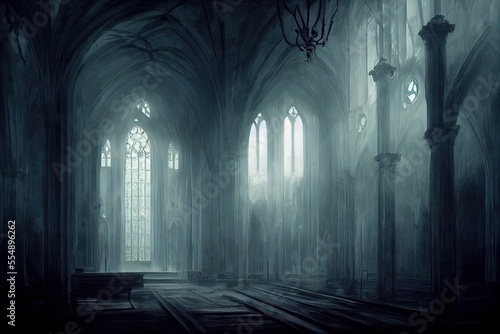 Foggy hall interior in gothic ancient chapel with tall windows and columns.  Empty dark abandoned mystical place