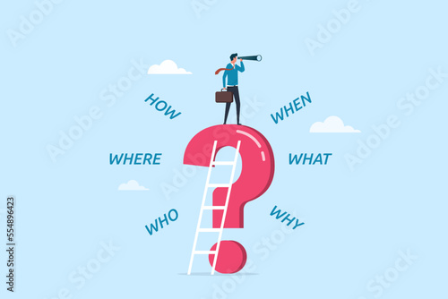 5w1h asking question for solution to understand and solve a problem, calm businesman on large question mark finding of who what where when why and how