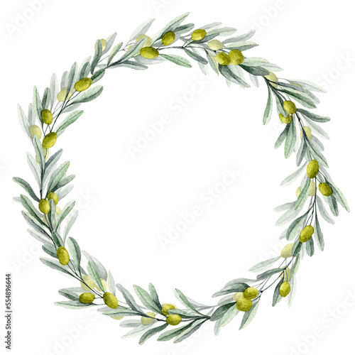 Watercolor Olive round Wreath with green leaves and fruits. Circle Frame for wedding invitations or greeting cards. Hand drawn floral illustration on isolated background. Botanical drawing of laurel
