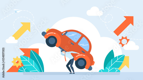 Car maintenance costs. A man holds a car on his back. High price for auto fuel concept. Economy, refueling, city transport concept. A heavy burden. Financial expenses. Flat vector illustration