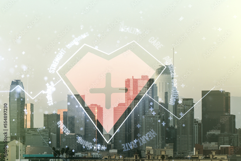 Double exposure of abstract virtual heart rate hologram on Los Angeles city skyscrapers background. Healthcare technolody concept