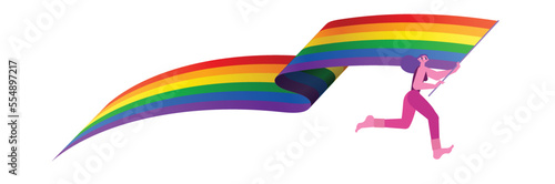 Cartoon flat character running with rainbow LGBT flag, isolated on white background. Vector illustration