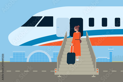 Concept Of Boarding At Airplane With Ladder Traveling Vector Illustration In Flat Style