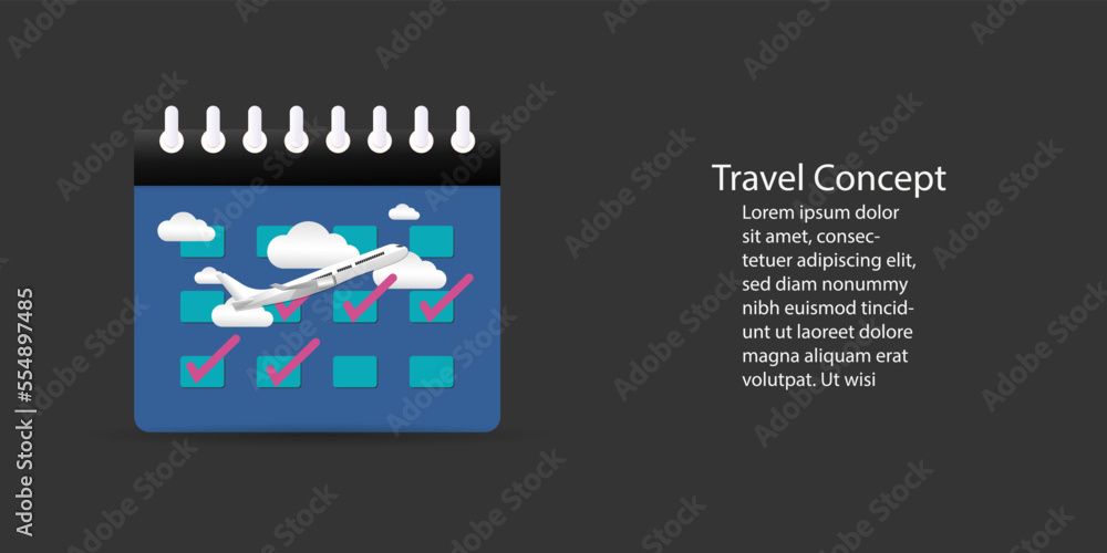 Naklejka premium Calendar with airplane taking off in the air above the cloud ,vector illustration ,Business travel holiday summer Concept