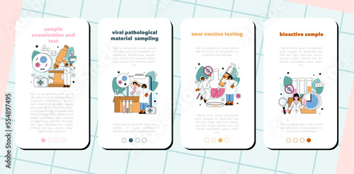 Virologist mobile application banner set. Scientist studies viruses