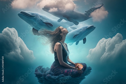 Woman meditating with clouds and whales floating in her mind. Generative AI, this image is not based on any original image, character or person. photo