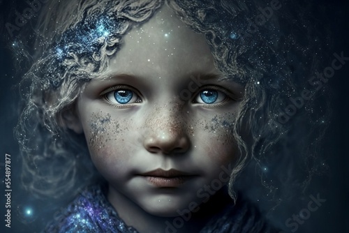 Child with indigo paint and eyes. Spiritual child with old soul. Generative AI, this image is not based on any original image, character or person. photo